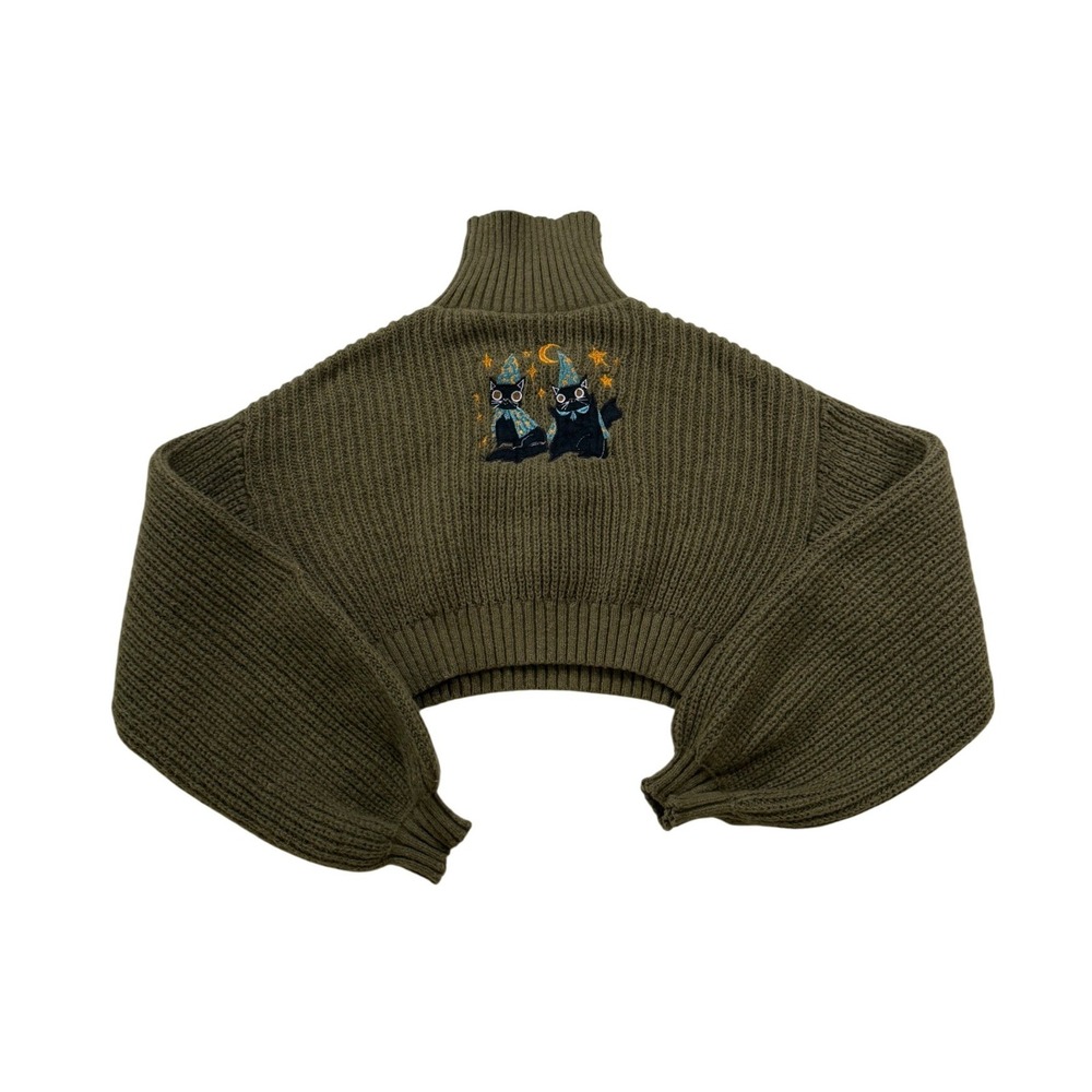 Olive Green Wizard Cat Sweater M Embroidered Celestial Cropped Whimsigoth Y2K
